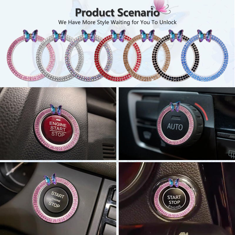 3leavtrees Purple Butterfly Car Bling Ring Emblem Car Accessories for Buttons & Knobs,Shiny Crystal Rhinestone Cover Protection Ring, Bling Car Accessories for Wowen - Pink - Image 4